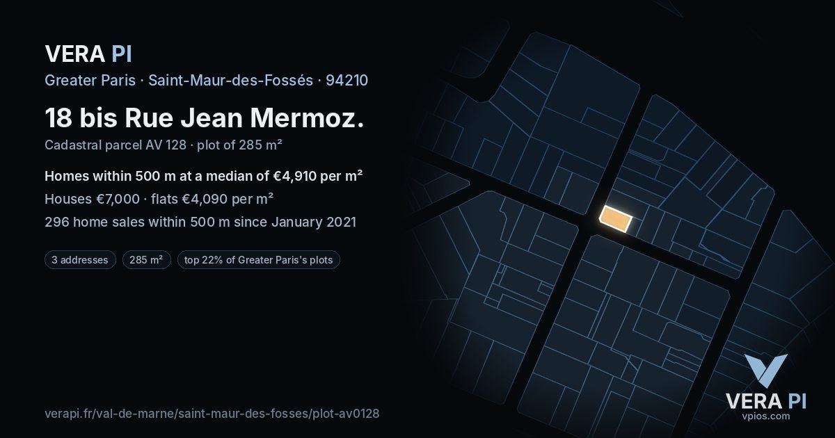 18 bis Rue Jean Mermoz, Saint-Maur-des-Fossés at night – the plot lit, the parcels around coloured by the prices near them