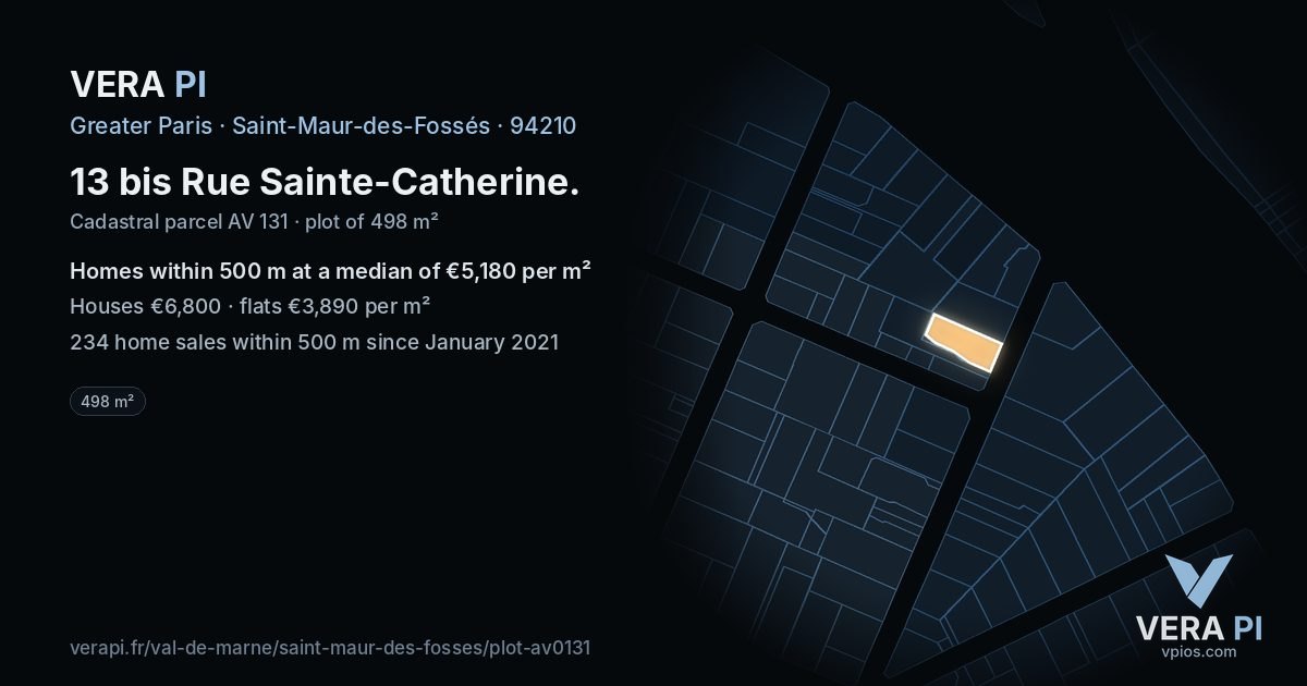 13 bis Rue Sainte-Catherine, Saint-Maur-des-Fossés at night – the plot lit, the parcels around coloured by the prices near them