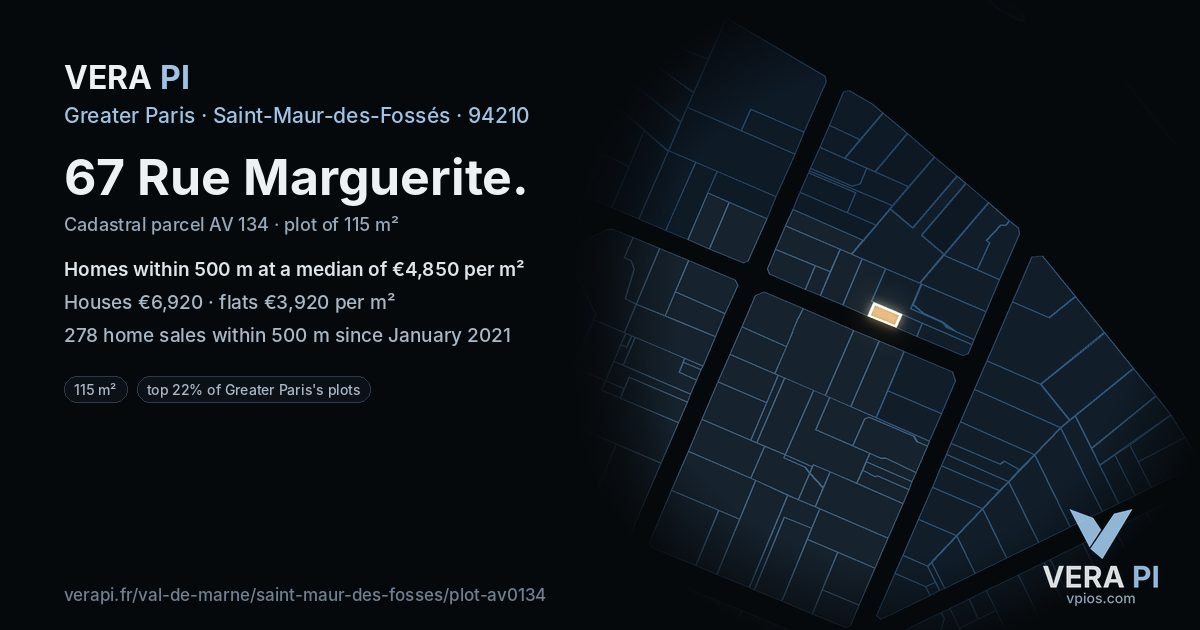 67 Rue Marguerite, Saint-Maur-des-Fossés at night – the plot lit, the parcels around coloured by the prices near them