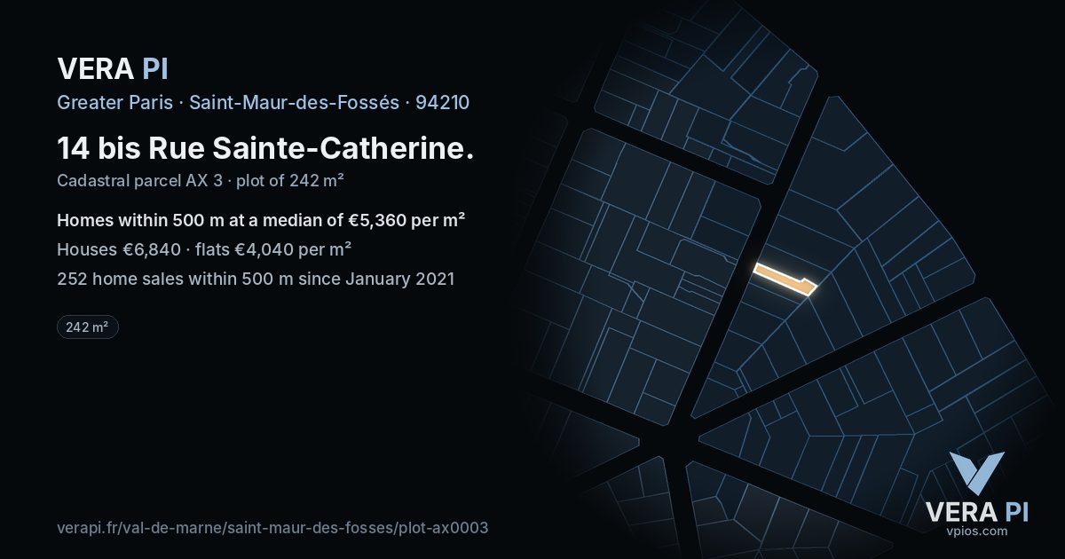 14 bis Rue Sainte-Catherine, Saint-Maur-des-Fossés at night – the plot lit, the parcels around coloured by the prices near them