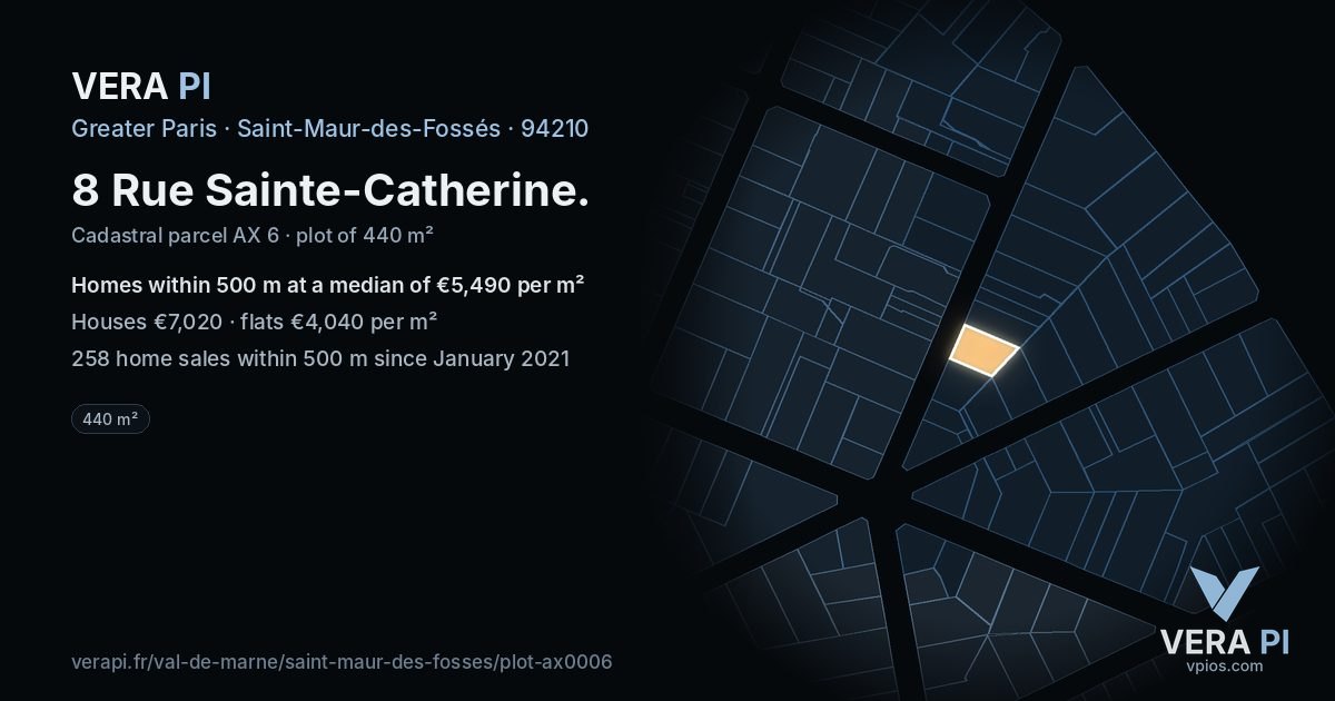 8 Rue Sainte-Catherine, Saint-Maur-des-Fossés at night – the plot lit, the parcels around coloured by the prices near them