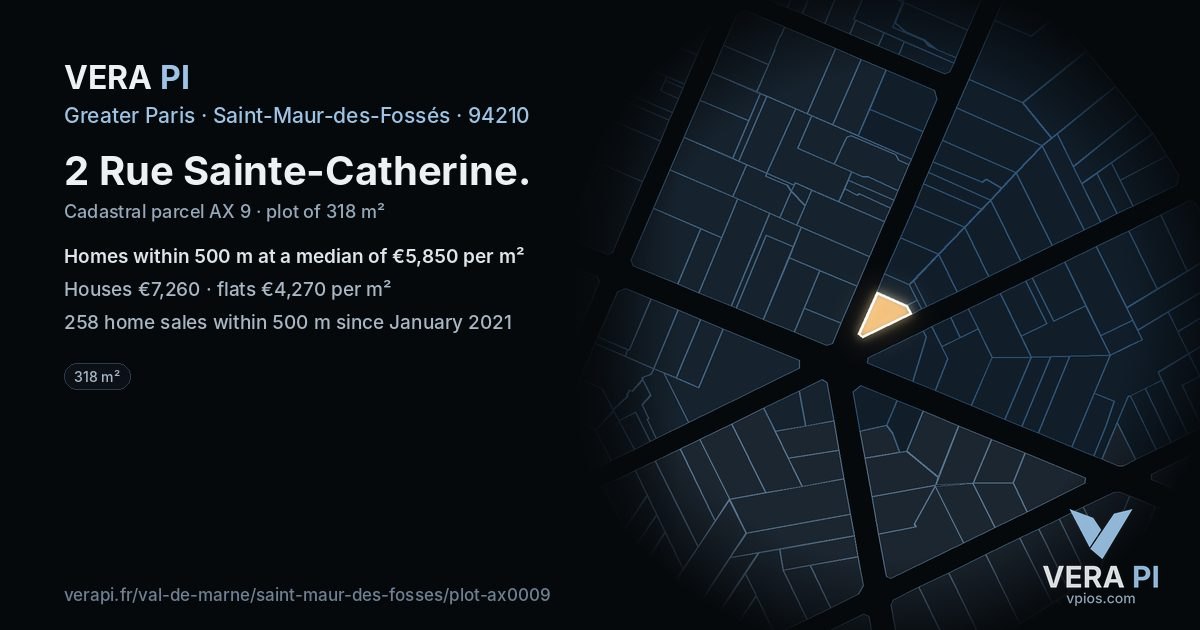 2 Rue Sainte-Catherine, Saint-Maur-des-Fossés at night – the plot lit, the parcels around coloured by the prices near them
