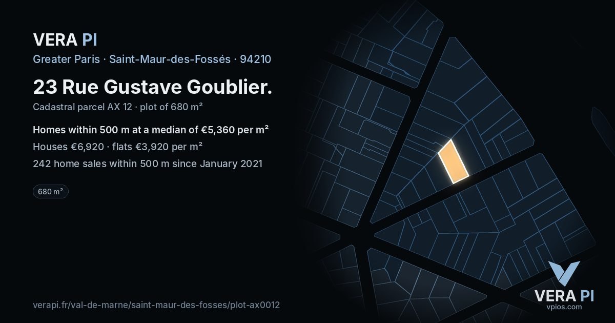 23 Rue Gustave Goublier, Saint-Maur-des-Fossés at night – the plot lit, the parcels around coloured by the prices near them