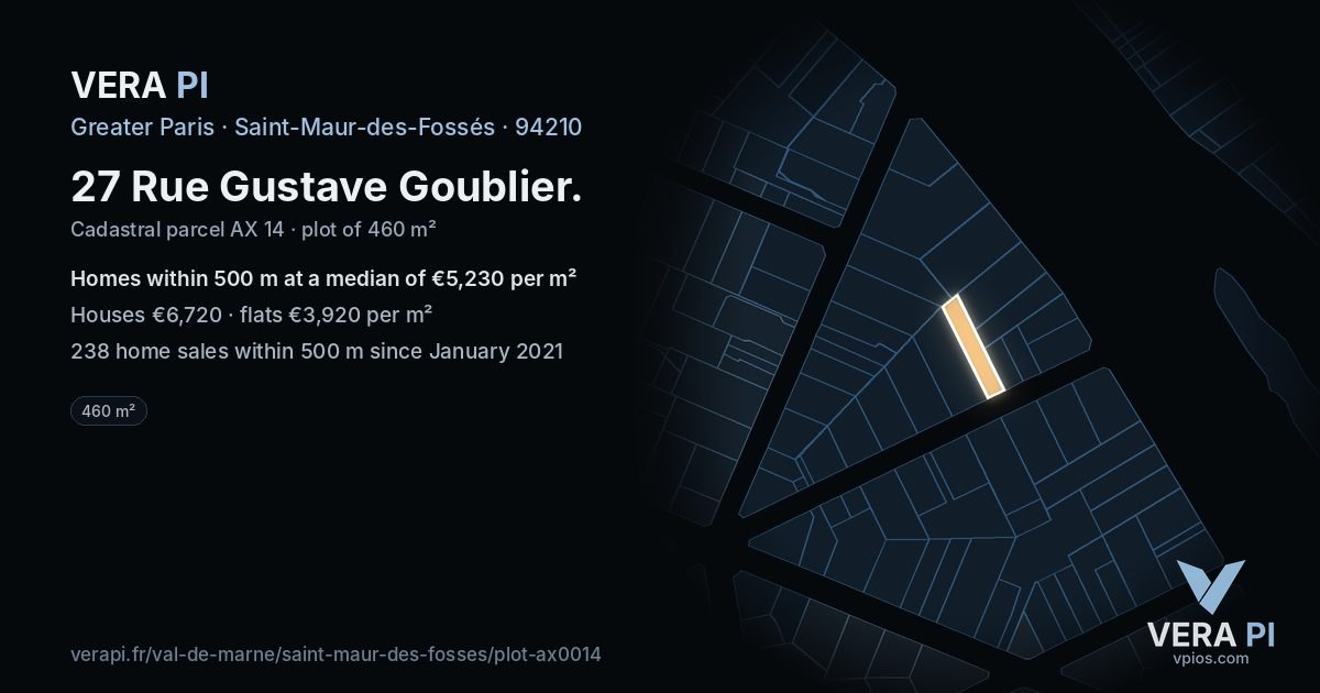 27 Rue Gustave Goublier, Saint-Maur-des-Fossés at night – the plot lit, the parcels around coloured by the prices near them
