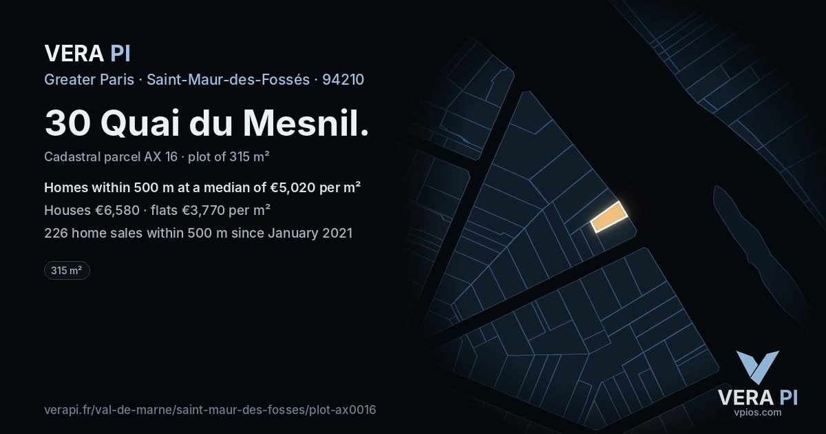 30 Quai du Mesnil, Saint-Maur-des-Fossés at night – the plot lit, the parcels around coloured by the prices near them