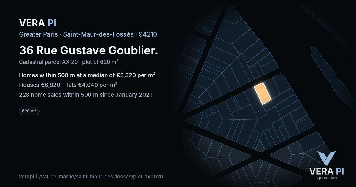 36 Rue Gustave Goublier, Saint-Maur-des-Fossés at night – the plot lit, the parcels around coloured by the prices near them