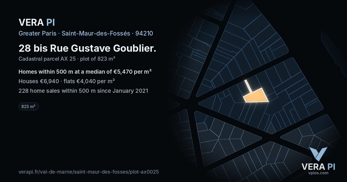 28 bis Rue Gustave Goublier, Saint-Maur-des-Fossés at night – the plot lit, the parcels around coloured by the prices near them