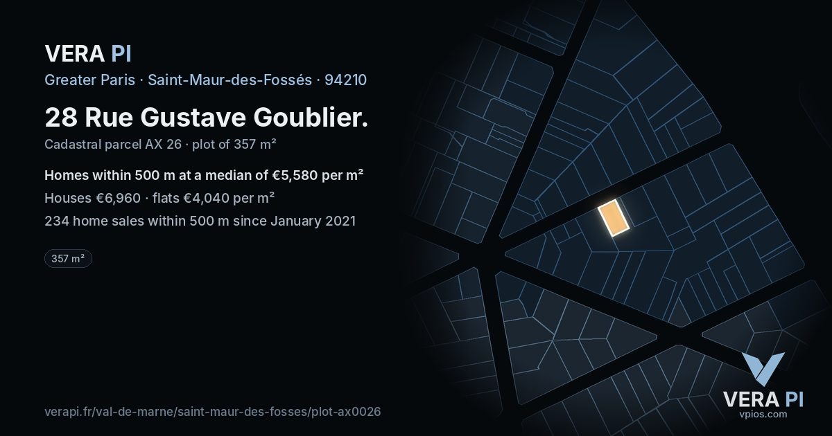 28 Rue Gustave Goublier, Saint-Maur-des-Fossés at night – the plot lit, the parcels around coloured by the prices near them