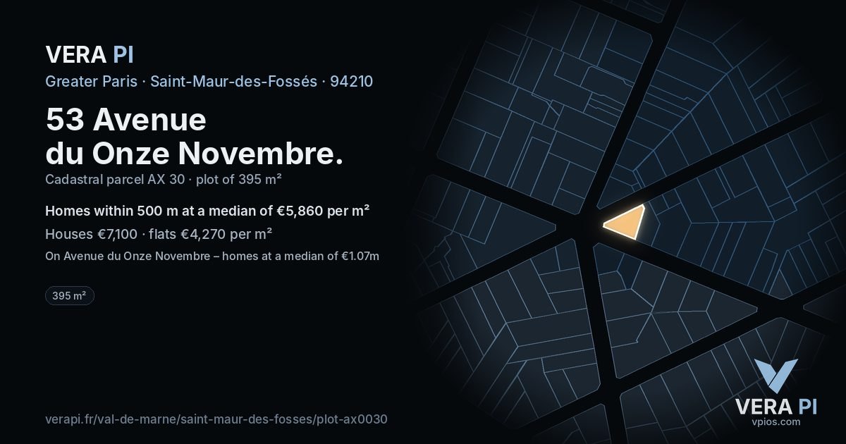 53 Avenue du Onze Novembre, Saint-Maur-des-Fossés at night – the plot lit, the parcels around coloured by the prices near them