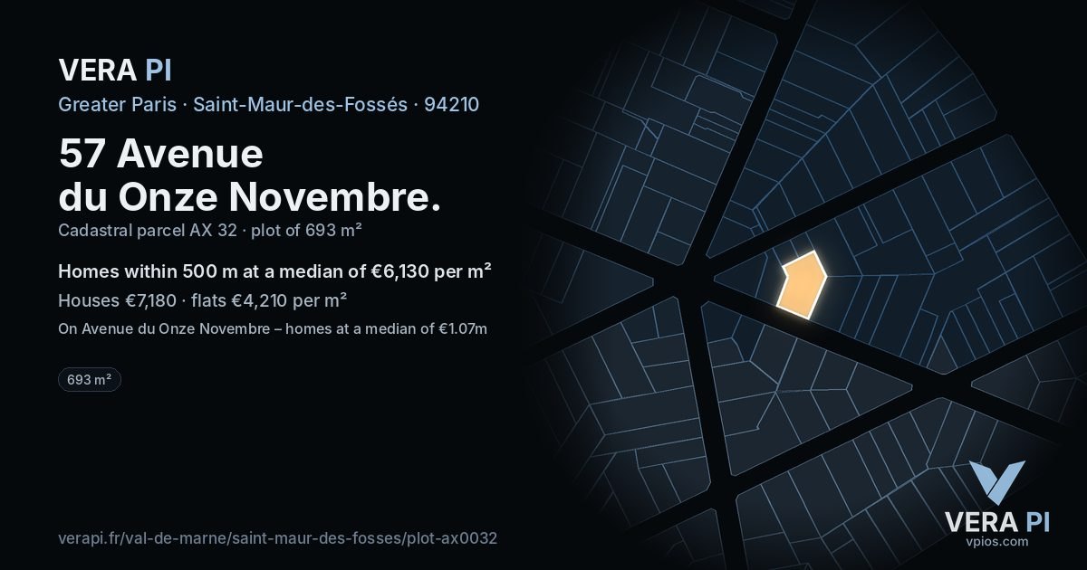 57 Avenue du Onze Novembre, Saint-Maur-des-Fossés at night – the plot lit, the parcels around coloured by the prices near them