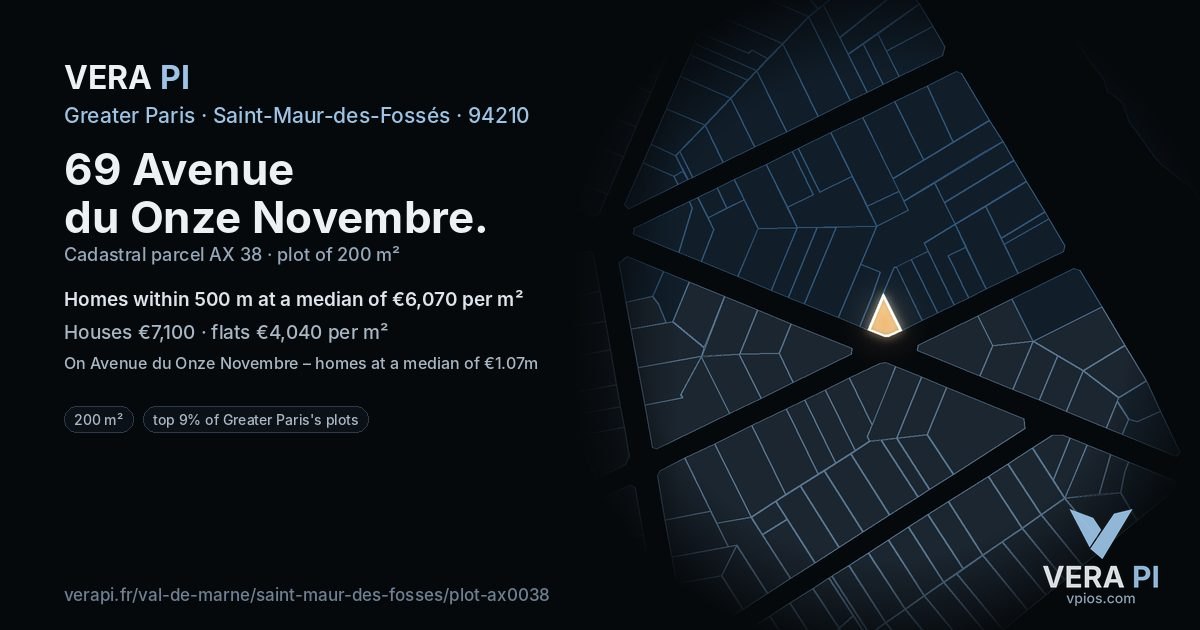 69 Avenue du Onze Novembre, Saint-Maur-des-Fossés at night – the plot lit, the parcels around coloured by the prices near them