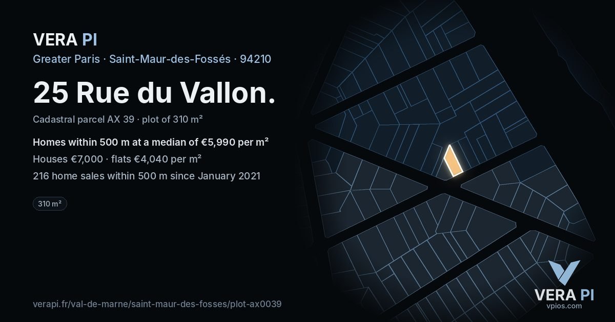 25 Rue du Vallon, Saint-Maur-des-Fossés at night – the plot lit, the parcels around coloured by the prices near them