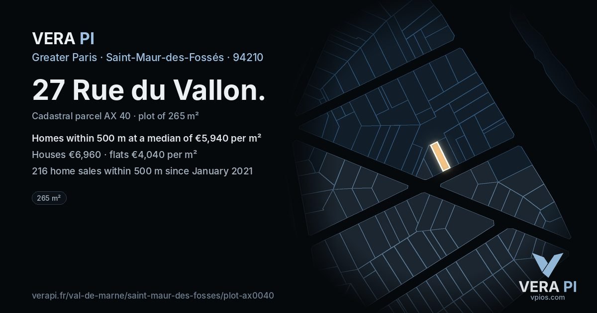 27 Rue du Vallon, Saint-Maur-des-Fossés at night – the plot lit, the parcels around coloured by the prices near them
