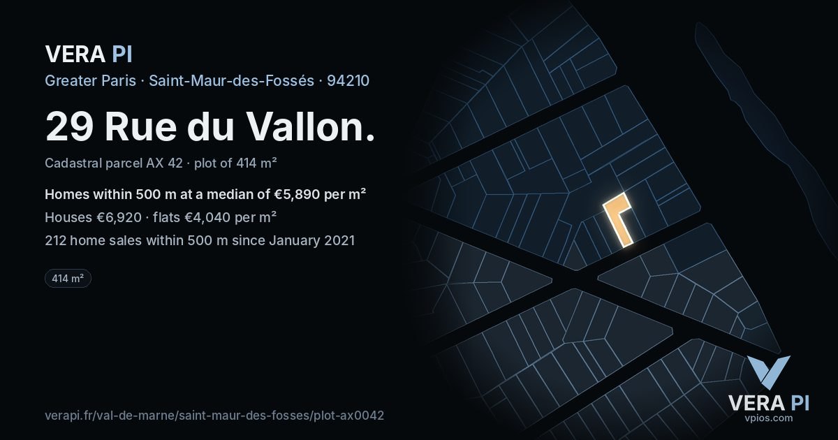 29 Rue du Vallon, Saint-Maur-des-Fossés at night – the plot lit, the parcels around coloured by the prices near them
