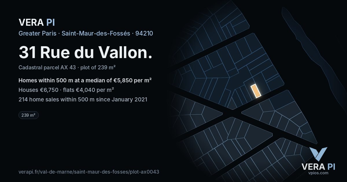 31 Rue du Vallon, Saint-Maur-des-Fossés at night – the plot lit, the parcels around coloured by the prices near them