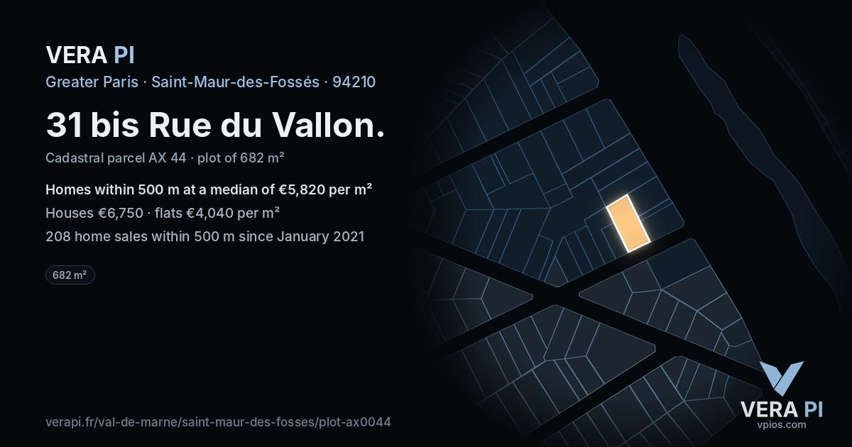 31 bis Rue du Vallon, Saint-Maur-des-Fossés at night – the plot lit, the parcels around coloured by the prices near them