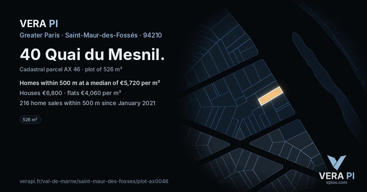 40 Quai du Mesnil, Saint-Maur-des-Fossés at night – the plot lit, the parcels around coloured by the prices near them