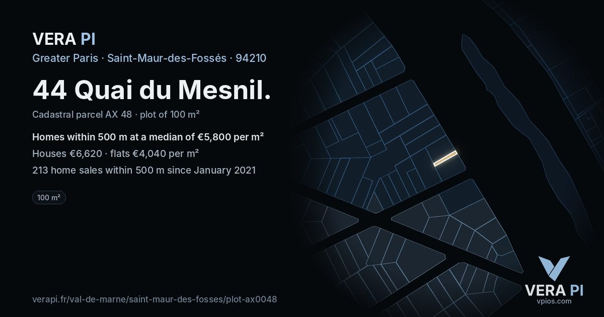 44 Quai du Mesnil, Saint-Maur-des-Fossés at night – the plot lit, the parcels around coloured by the prices near them
