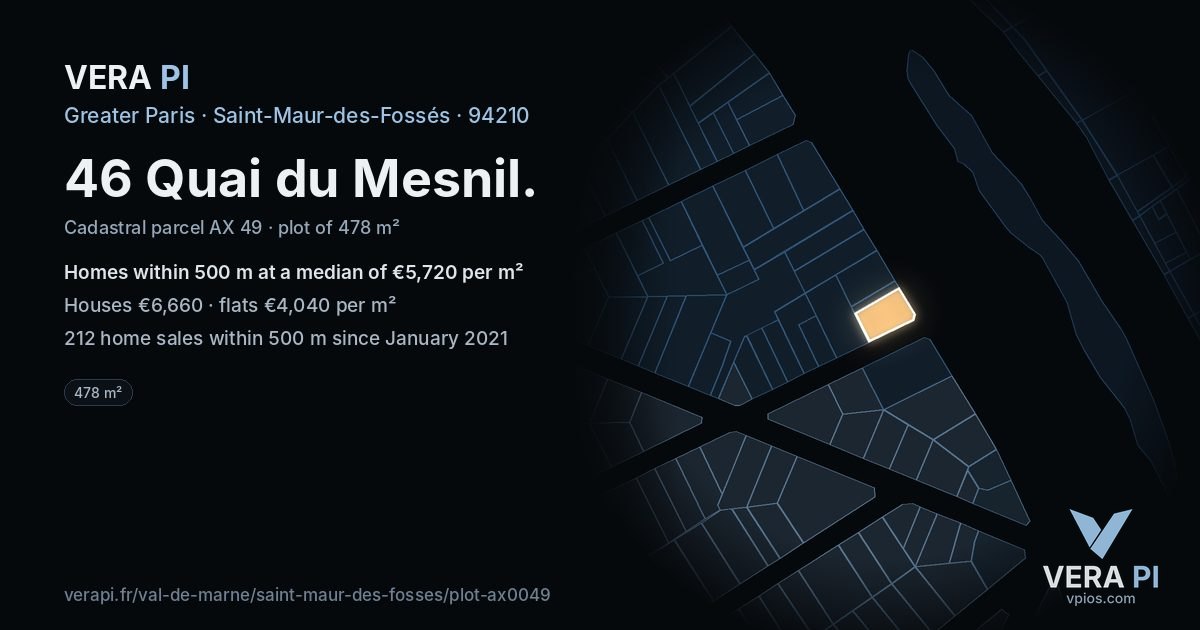 46 Quai du Mesnil, Saint-Maur-des-Fossés at night – the plot lit, the parcels around coloured by the prices near them