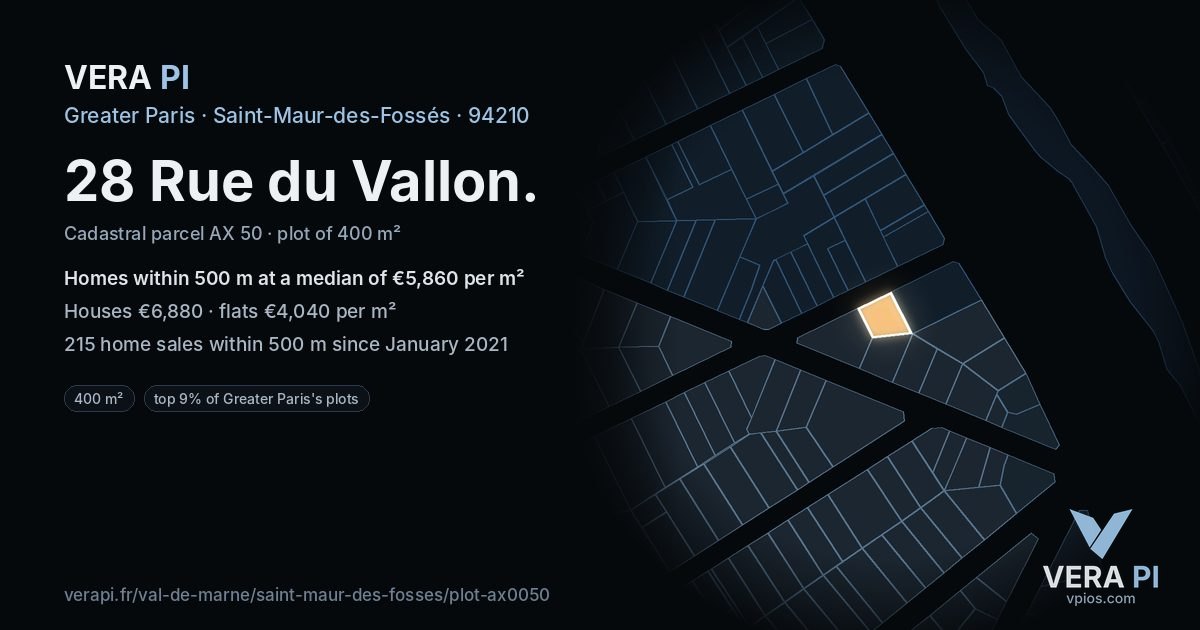 28 Rue du Vallon, Saint-Maur-des-Fossés at night – the plot lit, the parcels around coloured by the prices near them