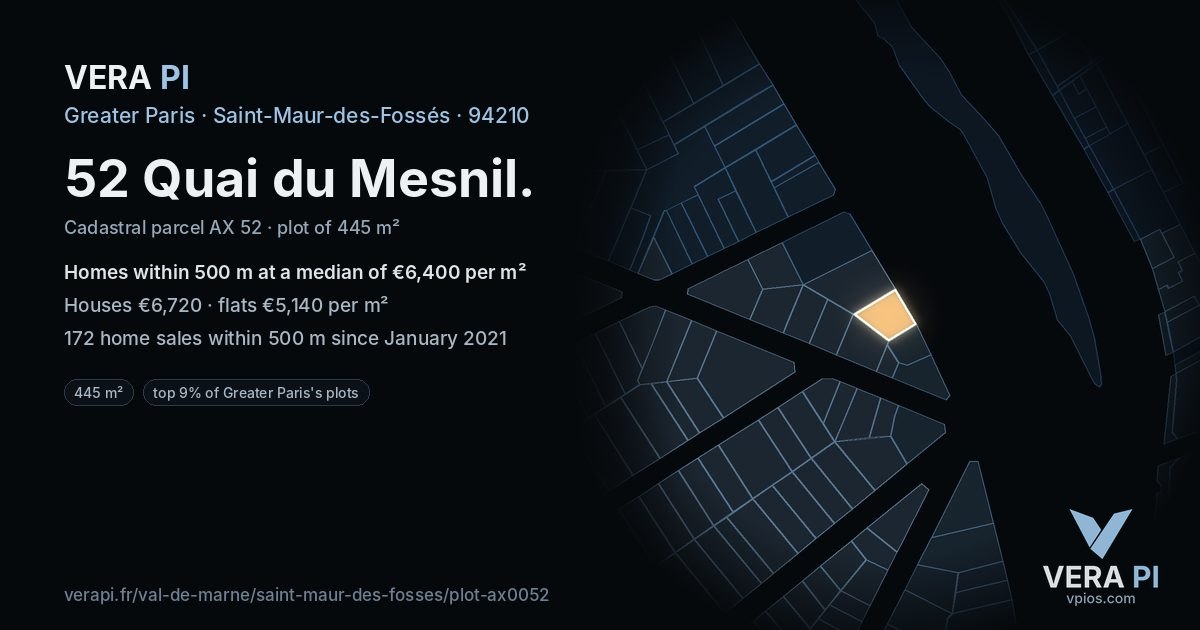 52 Quai du Mesnil, Saint-Maur-des-Fossés at night – the plot lit, the parcels around coloured by the prices near them