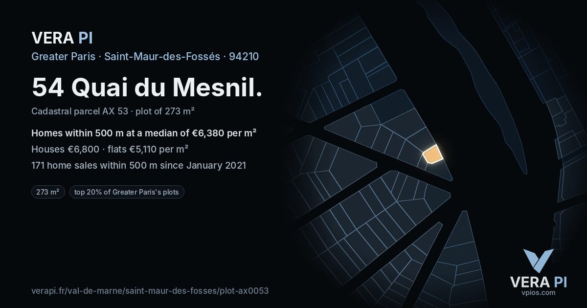54 Quai du Mesnil, Saint-Maur-des-Fossés at night – the plot lit, the parcels around coloured by the prices near them