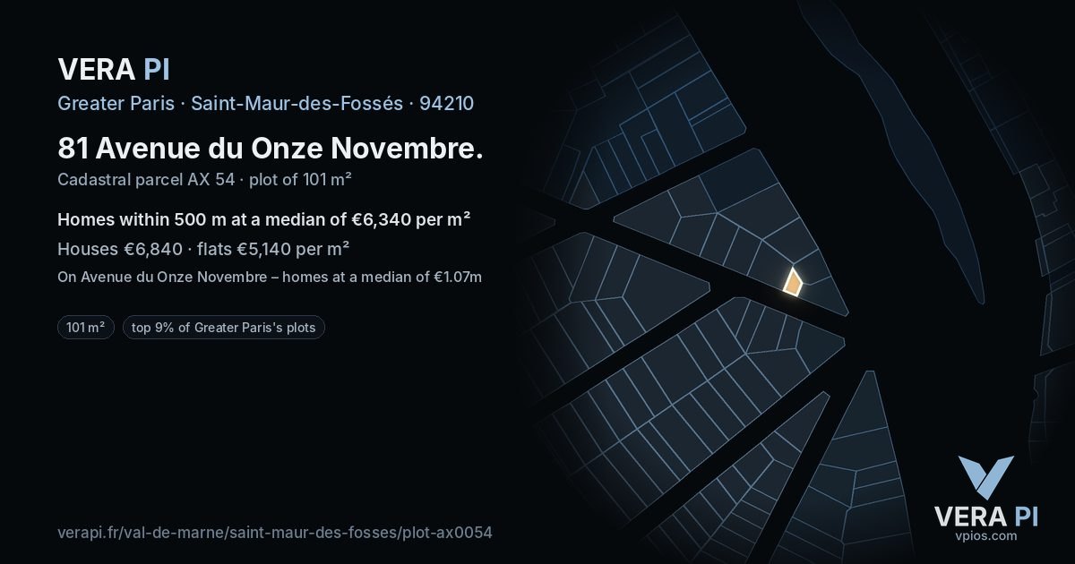 81 Avenue du Onze Novembre, Saint-Maur-des-Fossés at night – the plot lit, the parcels around coloured by the prices near them
