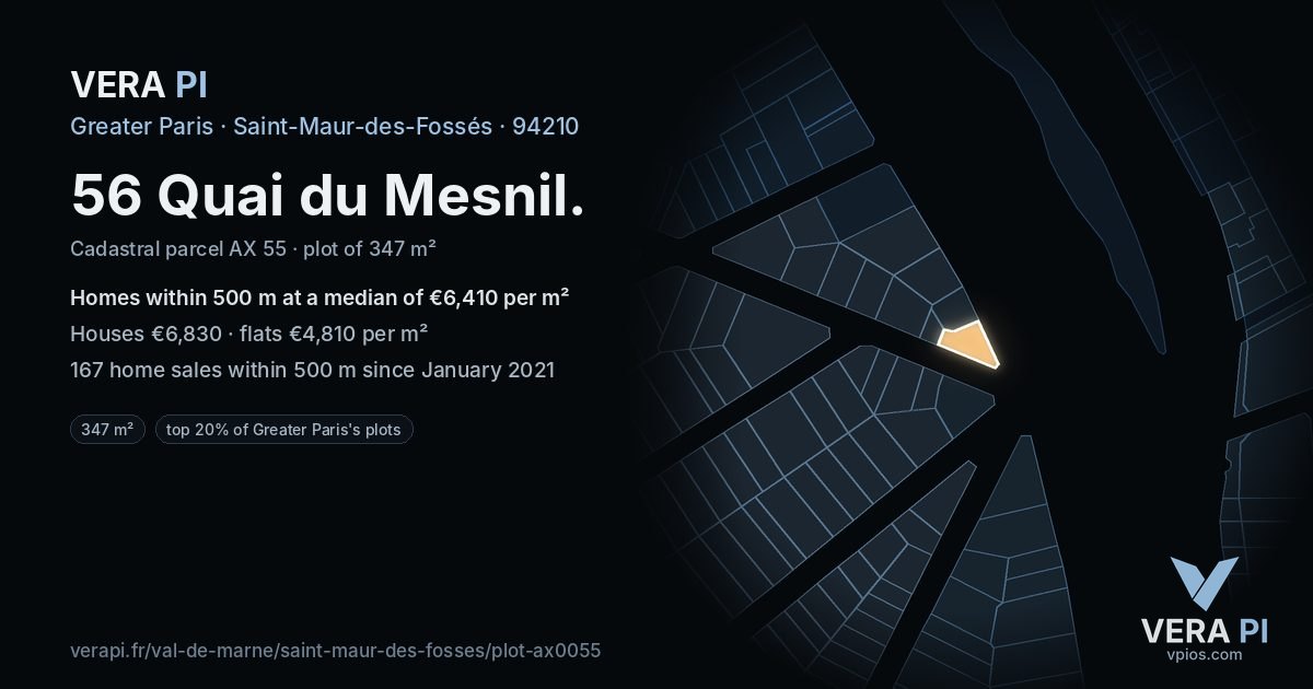 56 Quai du Mesnil, Saint-Maur-des-Fossés at night – the plot lit, the parcels around coloured by the prices near them