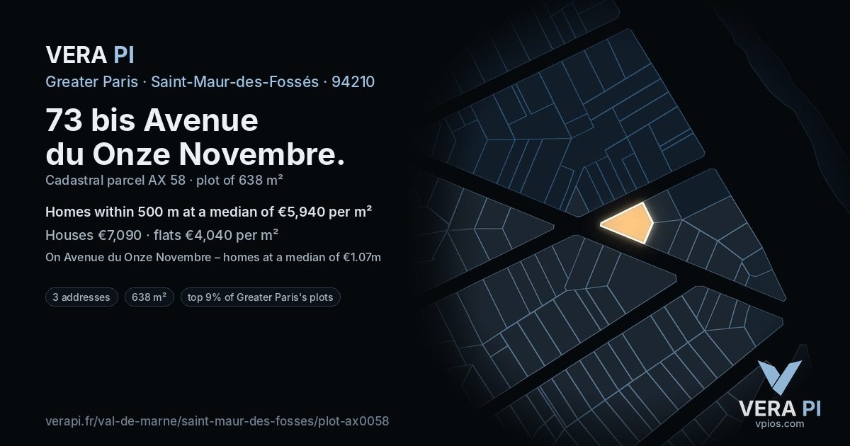 73 bis Avenue du Onze Novembre, Saint-Maur-des-Fossés at night – the plot lit, the parcels around coloured by the prices near them