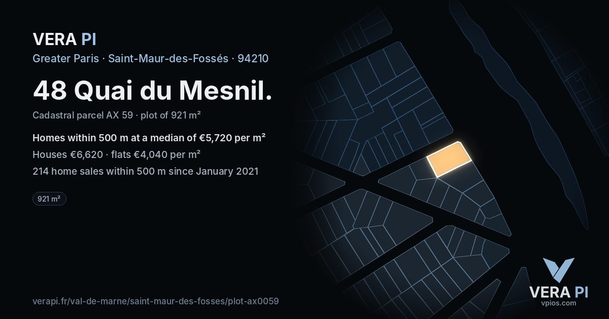 48 Quai du Mesnil, Saint-Maur-des-Fossés at night – the plot lit, the parcels around coloured by the prices near them