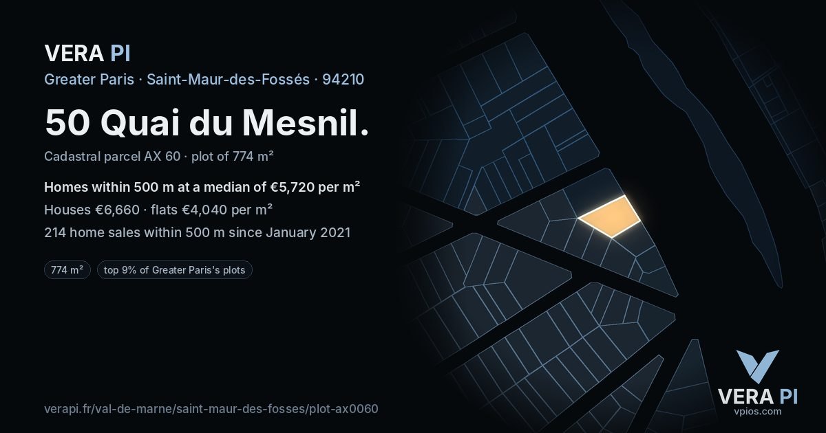 50 Quai du Mesnil, Saint-Maur-des-Fossés at night – the plot lit, the parcels around coloured by the prices near them