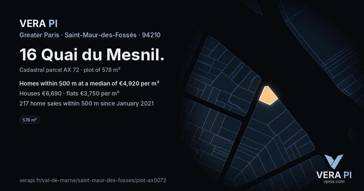 16 Quai du Mesnil, Saint-Maur-des-Fossés at night – the plot lit, the parcels around coloured by the prices near them