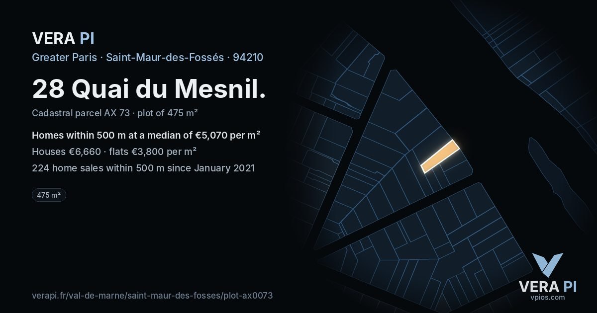 28 Quai du Mesnil, Saint-Maur-des-Fossés at night – the plot lit, the parcels around coloured by the prices near them
