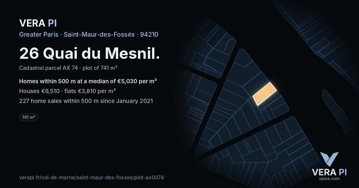 26 Quai du Mesnil, Saint-Maur-des-Fossés at night – the plot lit, the parcels around coloured by the prices near them