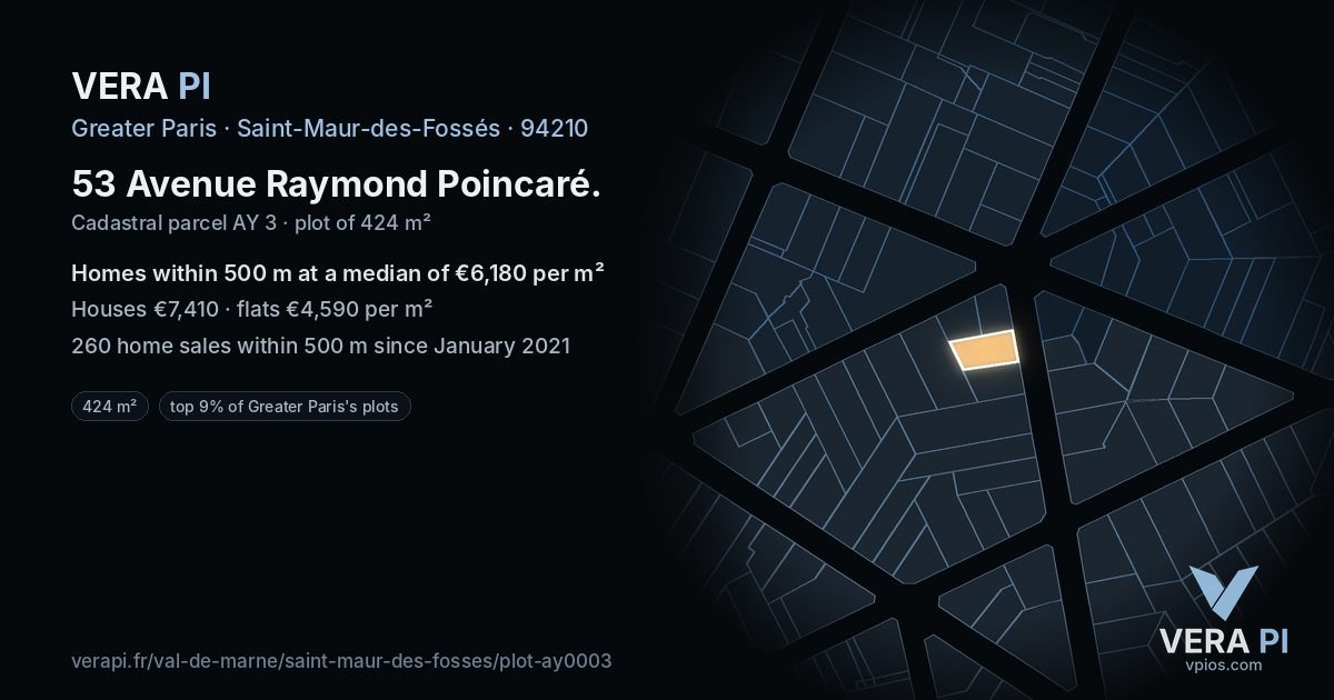 53 Avenue Raymond Poincaré, Saint-Maur-des-Fossés at night – the plot lit, the parcels around coloured by the prices near them