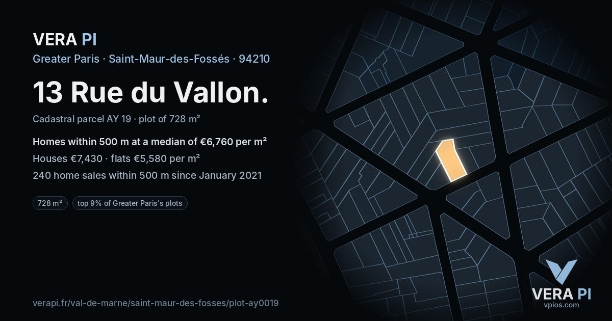 13 Rue du Vallon, Saint-Maur-des-Fossés at night – the plot lit, the parcels around coloured by the prices near them