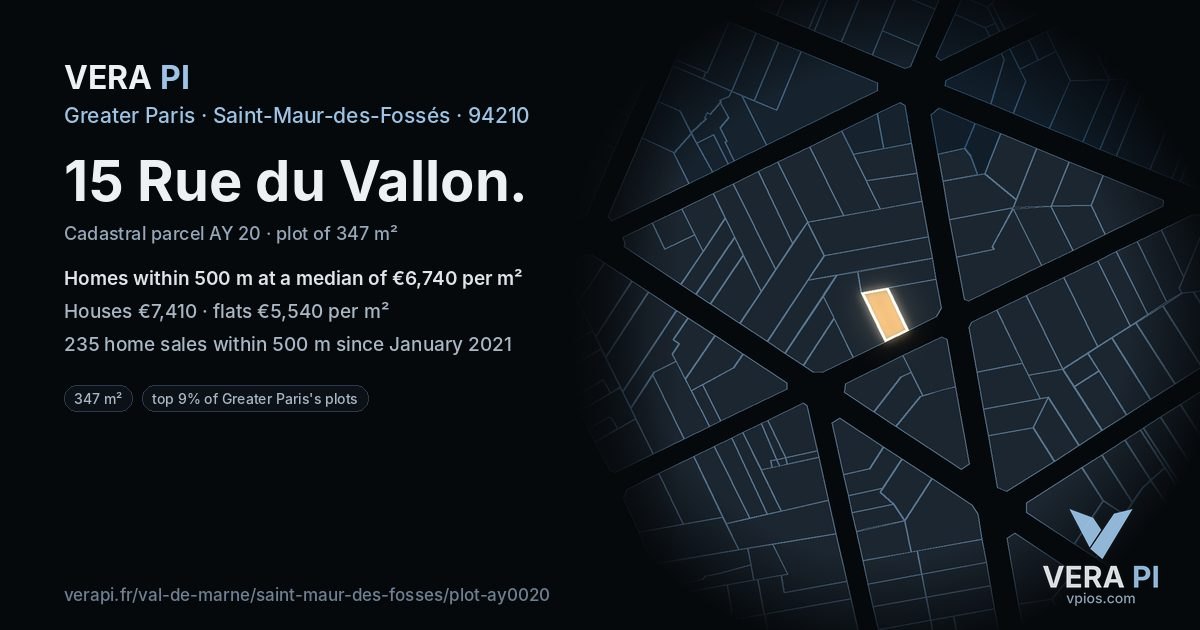 15 Rue du Vallon, Saint-Maur-des-Fossés at night – the plot lit, the parcels around coloured by the prices near them