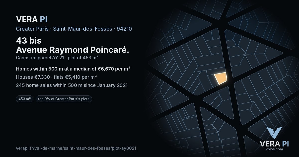 43 bis Avenue Raymond Poincaré, Saint-Maur-des-Fossés at night – the plot lit, the parcels around coloured by the prices near them