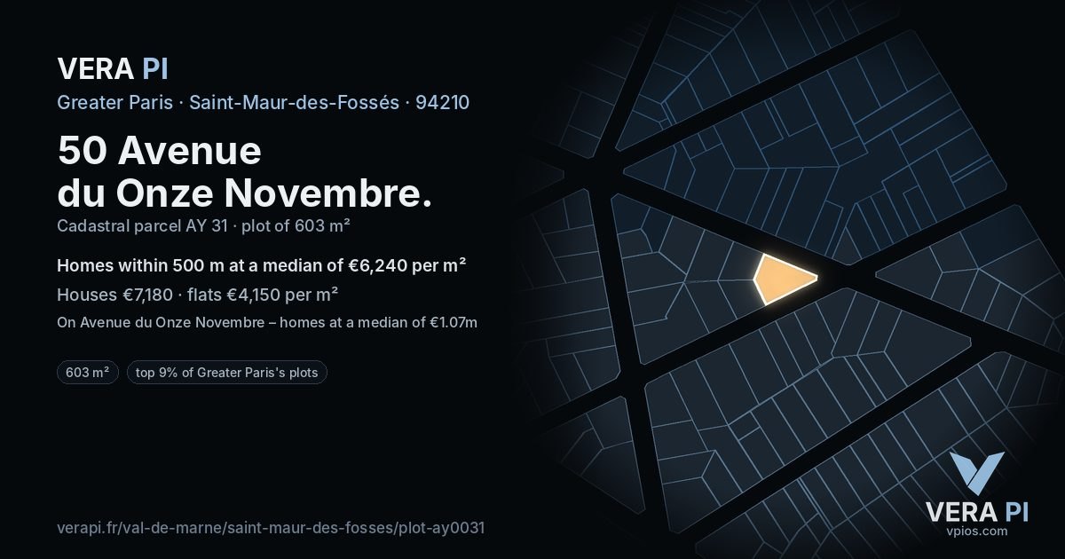 50 Avenue du Onze Novembre, Saint-Maur-des-Fossés at night – the plot lit, the parcels around coloured by the prices near them