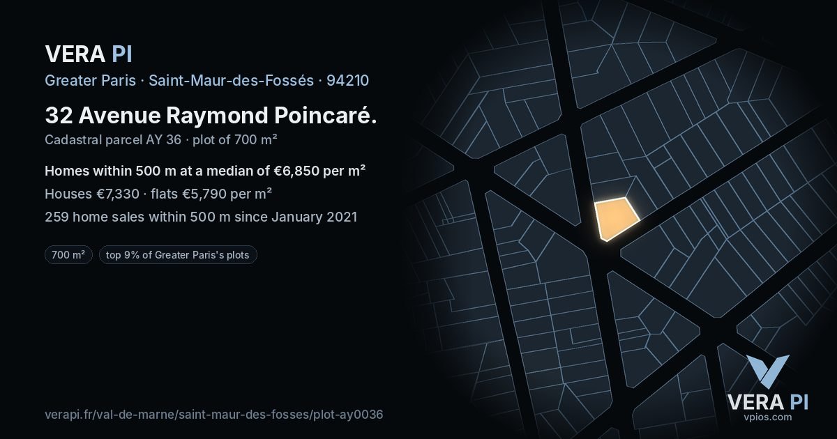 32 Avenue Raymond Poincaré, Saint-Maur-des-Fossés at night – the plot lit, the parcels around coloured by the prices near them