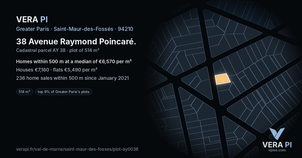 38 Avenue Raymond Poincaré, Saint-Maur-des-Fossés at night – the plot lit, the parcels around coloured by the prices near them