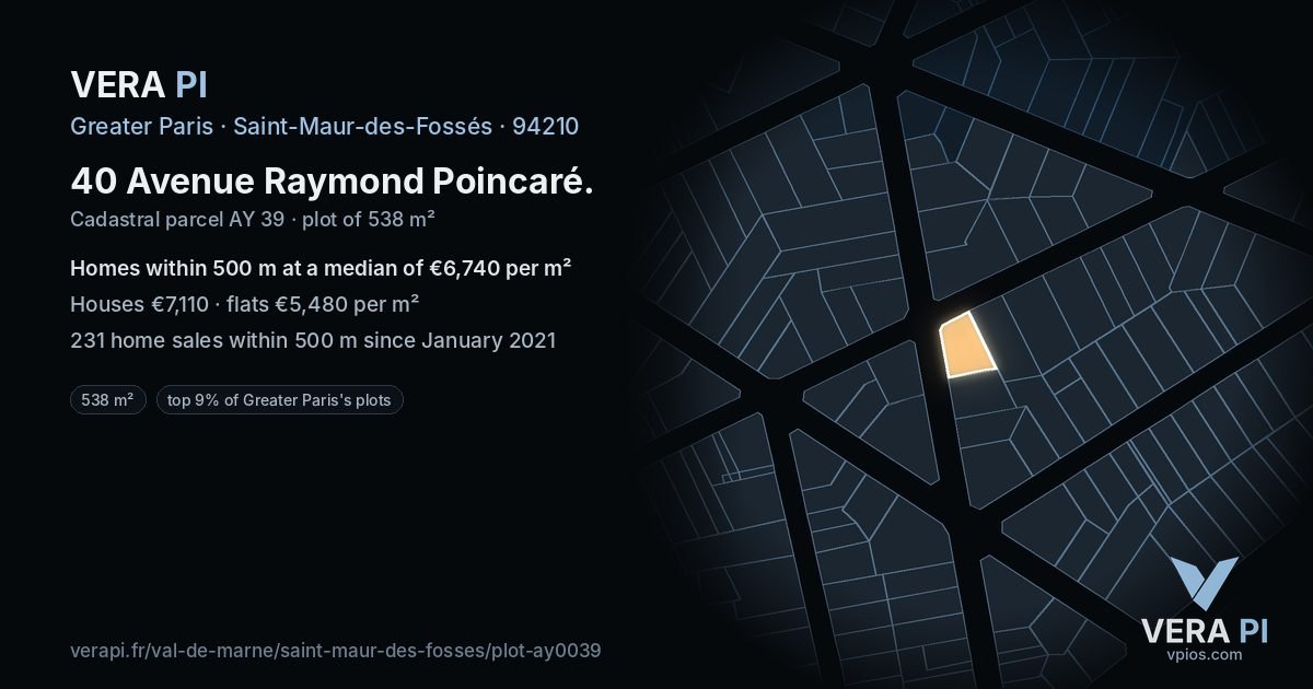 40 Avenue Raymond Poincaré, Saint-Maur-des-Fossés at night – the plot lit, the parcels around coloured by the prices near them