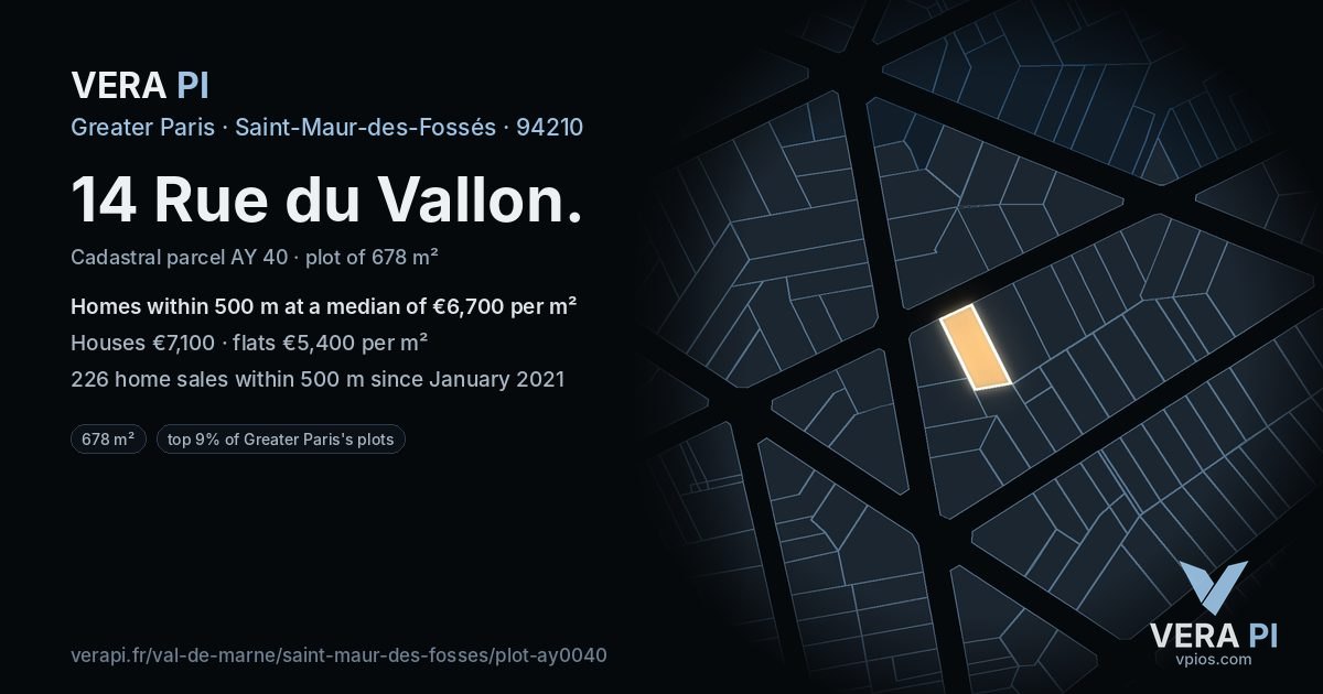 14 Rue du Vallon, Saint-Maur-des-Fossés at night – the plot lit, the parcels around coloured by the prices near them