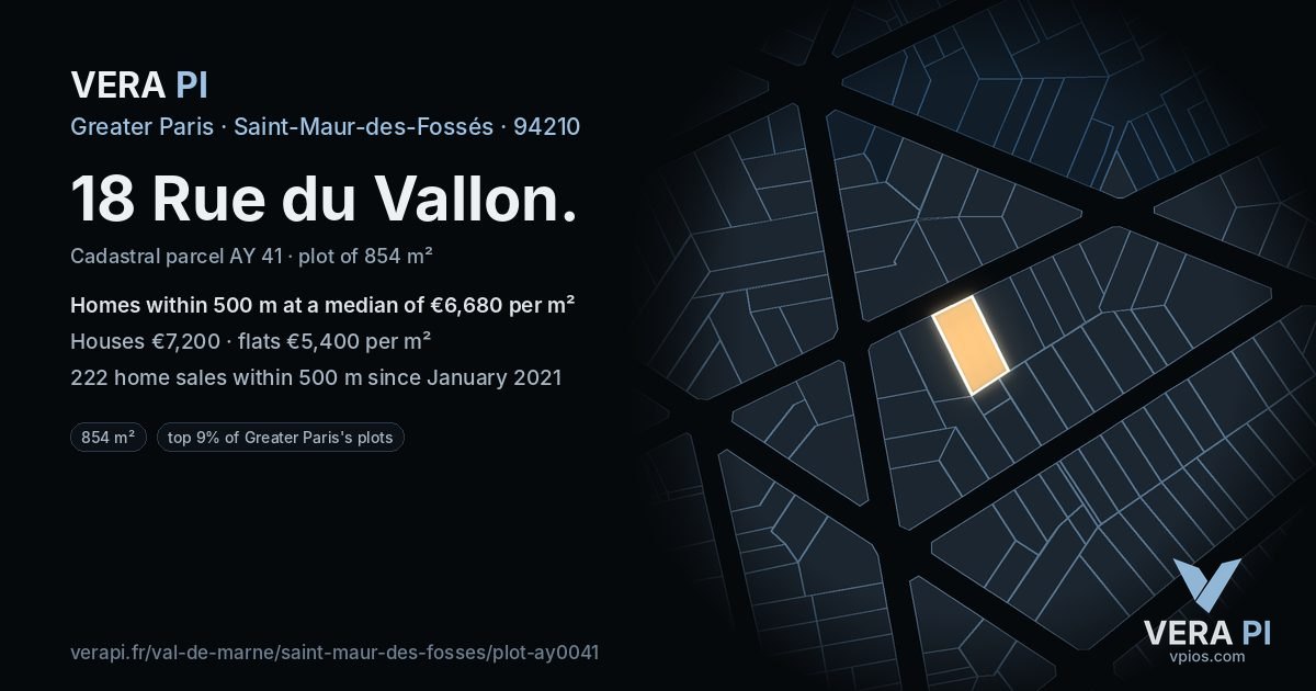 18 Rue du Vallon, Saint-Maur-des-Fossés at night – the plot lit, the parcels around coloured by the prices near them
