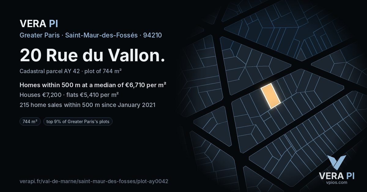 20 Rue du Vallon, Saint-Maur-des-Fossés at night – the plot lit, the parcels around coloured by the prices near them