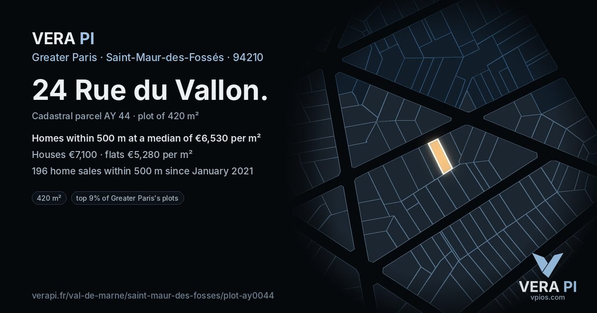 24 Rue du Vallon, Saint-Maur-des-Fossés at night – the plot lit, the parcels around coloured by the prices near them