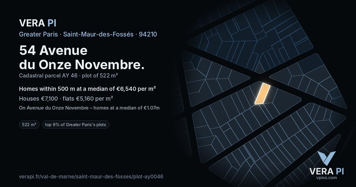 54 Avenue du Onze Novembre, Saint-Maur-des-Fossés at night – the plot lit, the parcels around coloured by the prices near them
