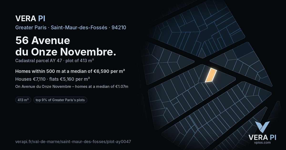 56 Avenue du Onze Novembre, Saint-Maur-des-Fossés at night – the plot lit, the parcels around coloured by the prices near them