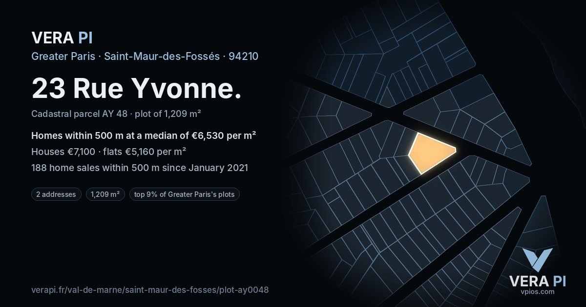 23 Rue Yvonne, Saint-Maur-des-Fossés at night – the plot lit, the parcels around coloured by the prices near them