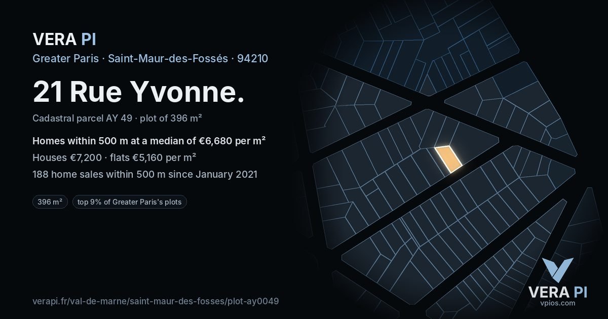 21 Rue Yvonne, Saint-Maur-des-Fossés at night – the plot lit, the parcels around coloured by the prices near them